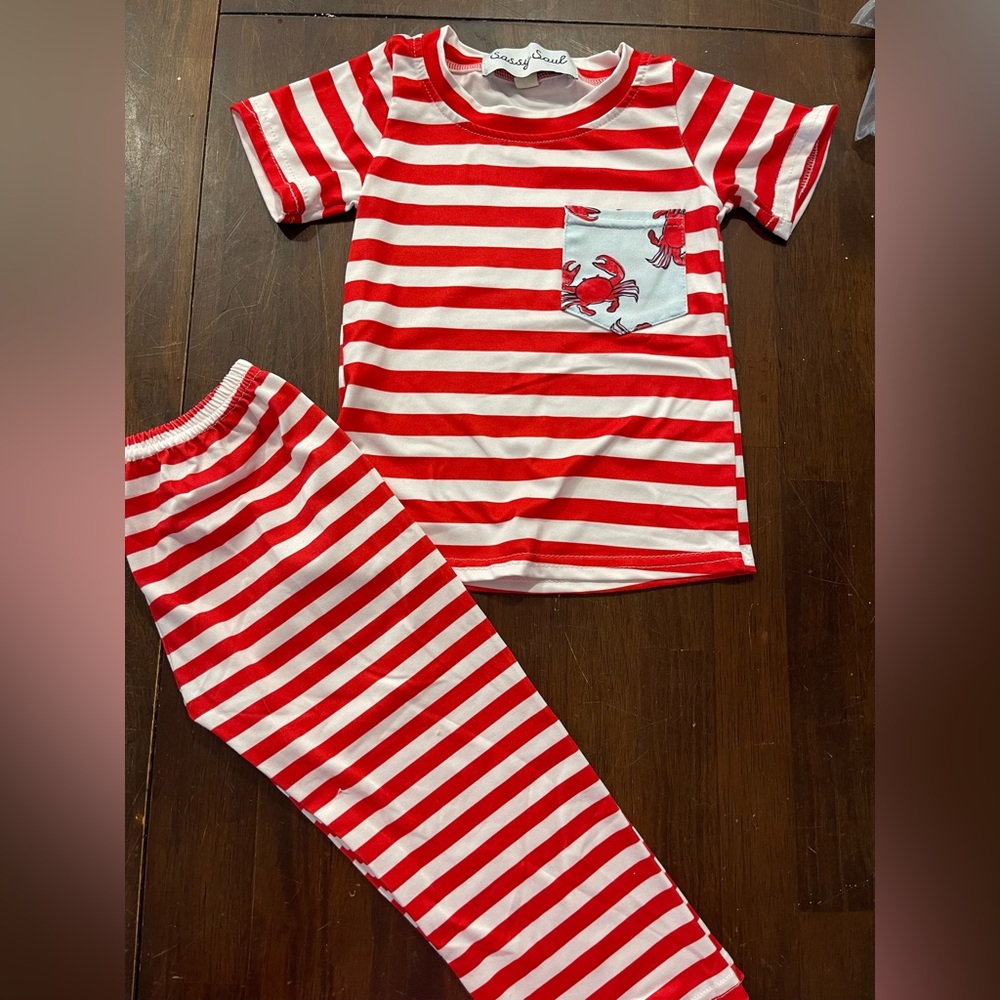 Kids Red and White Striped Set with Crab Pocket